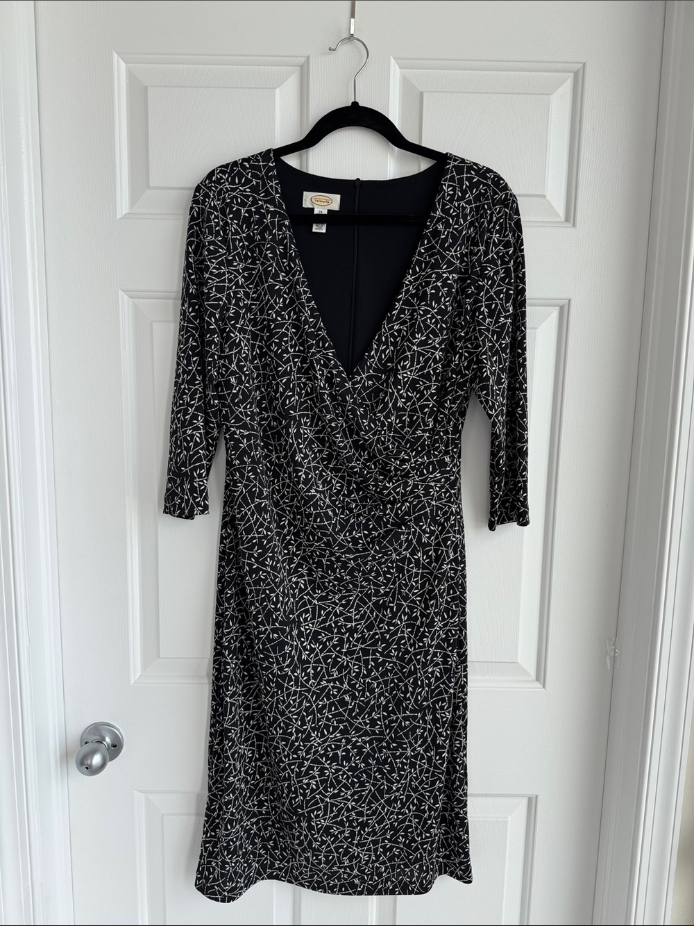 Talbots Black and White Faux-Wrap Long Sleeve Dress